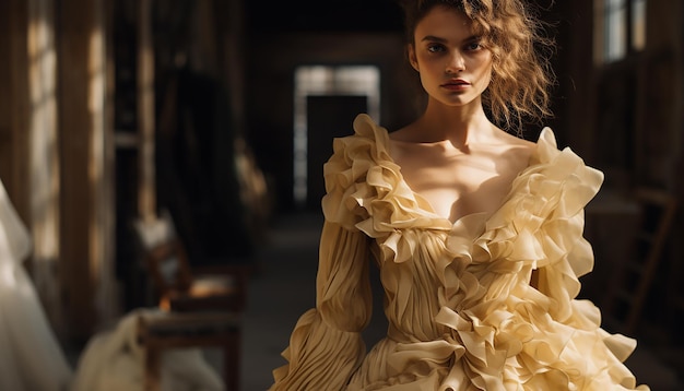 오크레 색의 패션 컨셉으로 하우트 코추어에서 영감을 받은 웨딩 드레스