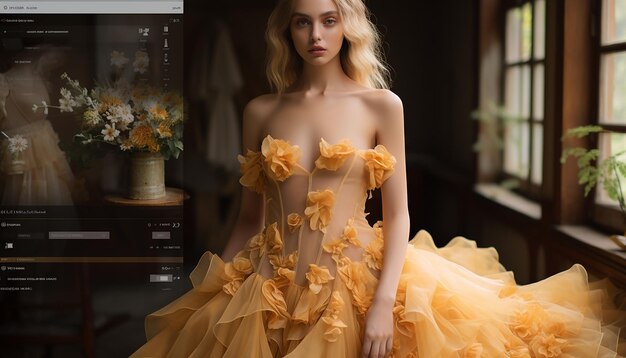 Haute couture inspired wedding dress in ochre fashion concept