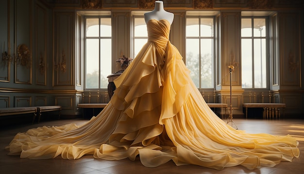 Photo haute couture inspired wedding dress in ochre fashion concept