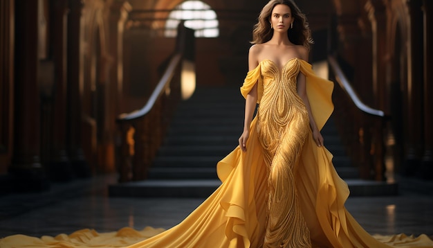 Photo haute couture inspired wedding dress in ochre fashion concept