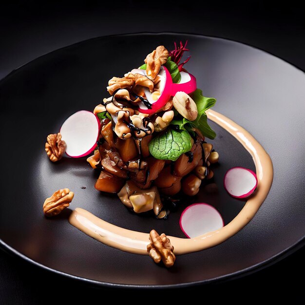 Haute cuisine salad with nuts sauce and radish on a black dish at dark background