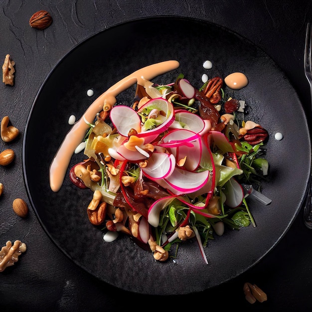 Haute cuisine salad with nuts sauce and radish on a black dish at dark background