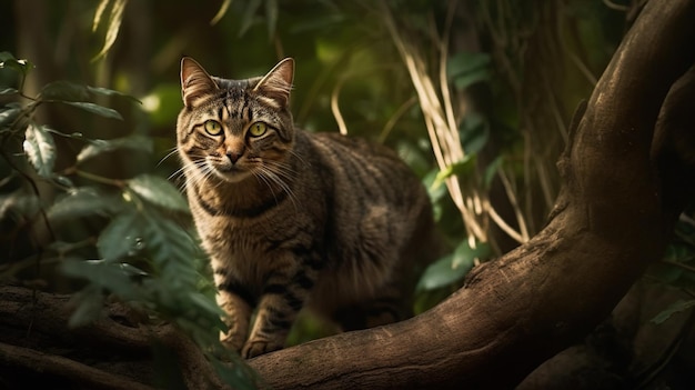 ハバナの茶色の猫が木を探索 神秘的な猫の冒険を垣間見る