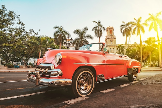 Havana, Cuba. Classic American car against the background of palm trees in the bright sun in the evening in Havana against the background of colonial architecture