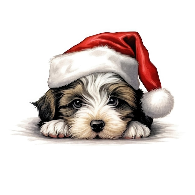 Havanese puppy wearing Santa Hat