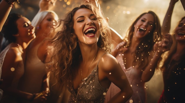 Have fun partying Group of happy beautiful young women dancing drinking champagne