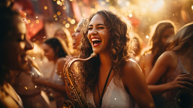 Have fun partying Group of happy beautiful young women dancing drinking champagne