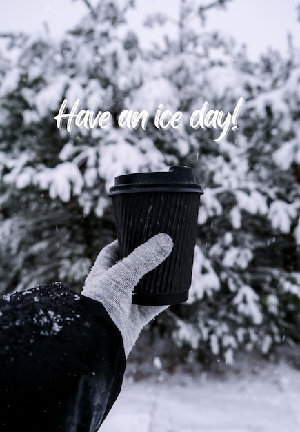 Photo have an ice day inspiration joke quote phrase female hand in winter warm gloves holding black eco