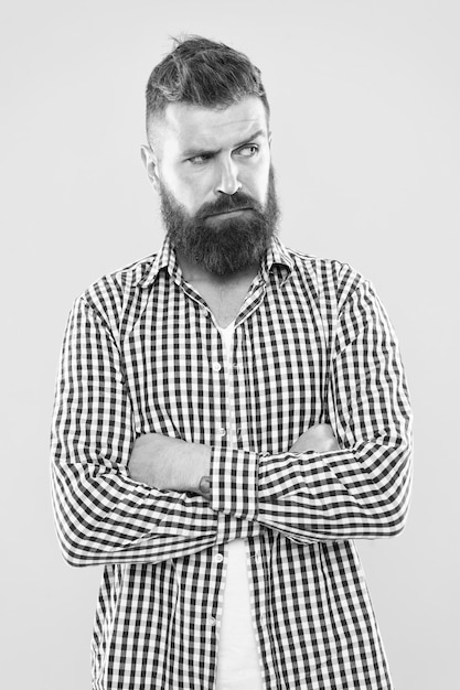 Have some doubts thoughtful bearded man on yellow background\
close up thoughtful expression need to think thoughtful man\
hesitating making decision hipster bearded face not sure in\
something