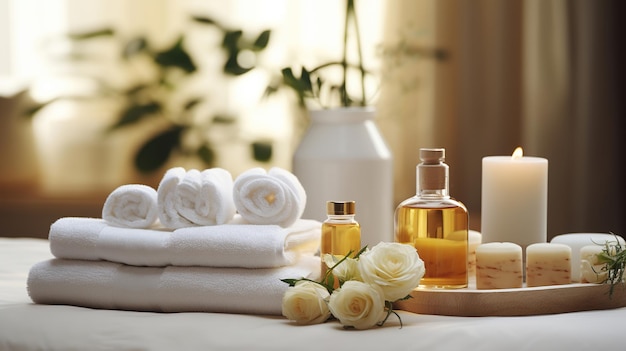 A Haven of Relaxation Spa Setting with Towels Herbal Bags and Beauty Rituals Generative AI