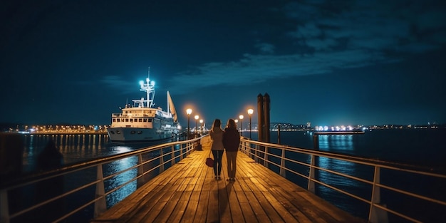 haven 's nachts in Tallinn op de pier wandelende mensen romantisch koppel cruiseschip met wazig l