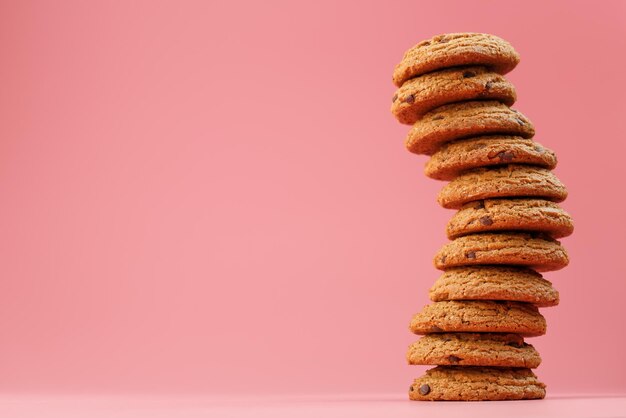 Havermoutkoekjes gestapeld op een roze achtergrond. vrije ruimte