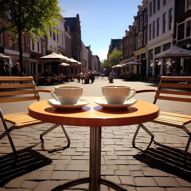 Foto prendi un caffè in una piazza della città olandese due tazze a mezzogiorno d'estate