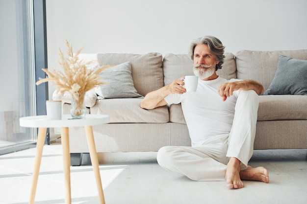 Having free time Senior stylish modern man with grey hair and beard indoors