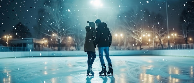 Photo having fun on ice rink couple ice skating in love dancing spinnin embracing snowy snowy evening at the ice rink couple ice skating at night