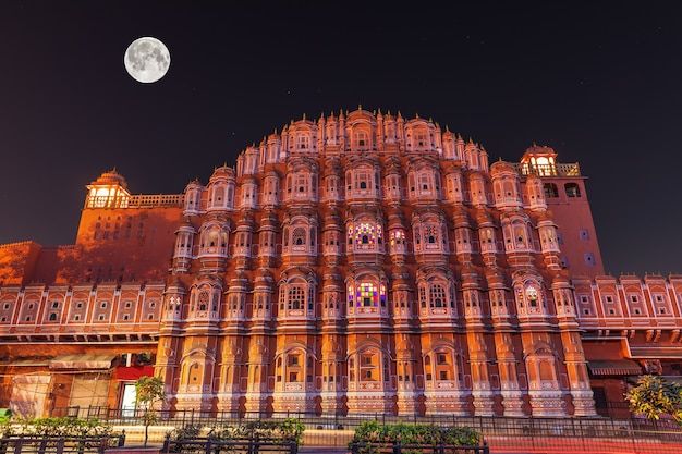 Hawa Mahal or the Palace of winds, night facade view, Jaipur, India.