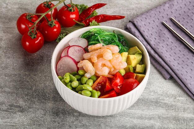 Hawaian cuisine Poke with cocktail shrimps