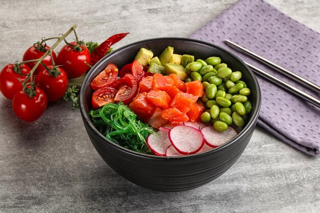 Hawaian cuisine Poke with salmon rice chuka avocado