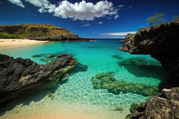 A Hawaii beach offers calm turquoise clear water for swimming and underwater snorkeling