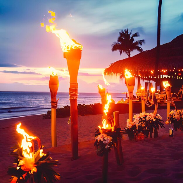 Hawaii luau beach party at sunset Hawaiian tiki torches lighted up with fire at luxury resort hotel restaurant