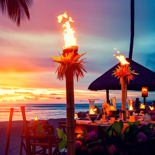 Hawaii luau beach party at sunset Hawaiian tiki torches lighted up with fire at luxury resort hotel restaurant