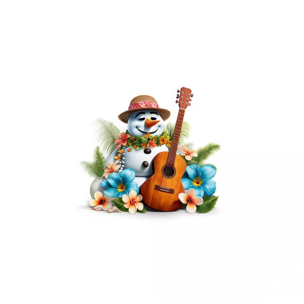 Hawaii style snowman with flowers and guitar