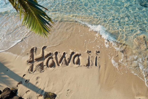 Photo hawaii written in the sand on a beach hawaiian tourism and vacation background