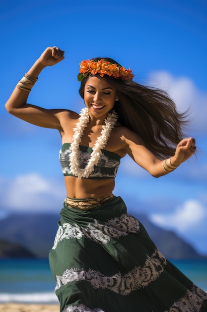 Foto hawaiiaanse danseres in korte hula rok