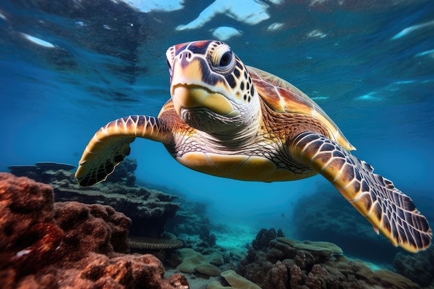 Hawaiiaanse Groene Zeeschildpad Chelonia mydas Een Hawaiiaanse groene zeeschildpad chelonia middas siert de Rode Zee AI gegenereerd