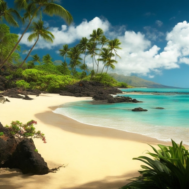 a hawaiian beach scene photo realistic