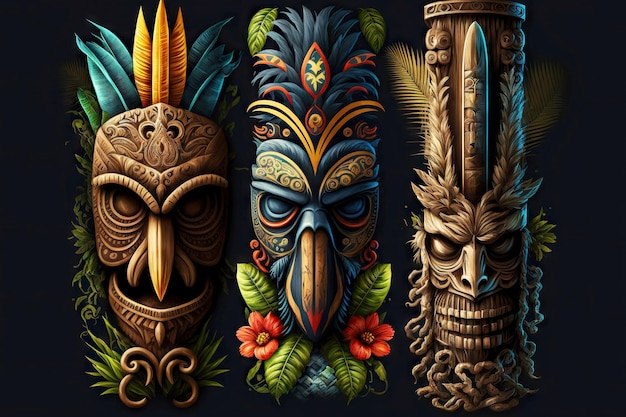 Hawaiian colorful tiki mask animals with colors and patterns on dark background