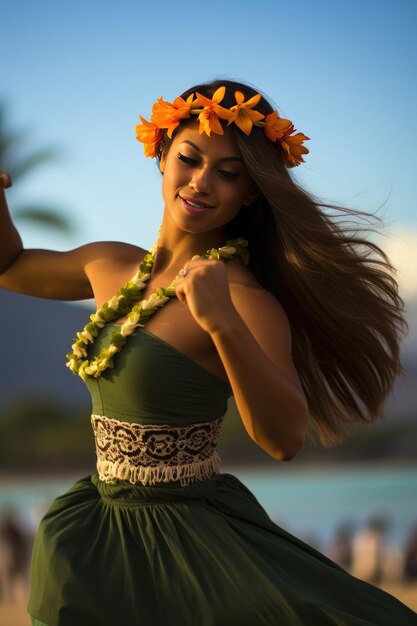 Photo hawaiian dancer in short hula skirt