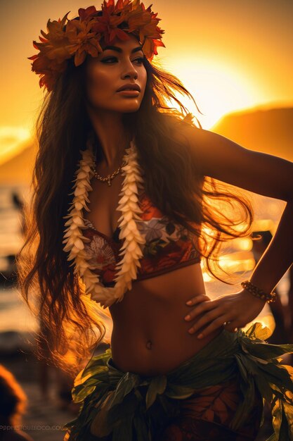 Photo hawaiian dancer in short hula skirt