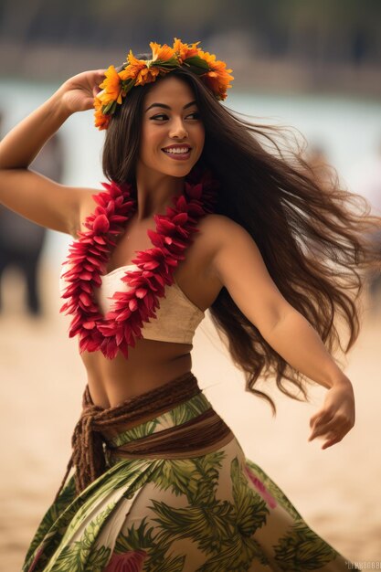 Photo hawaiian dancer in short hula skirt