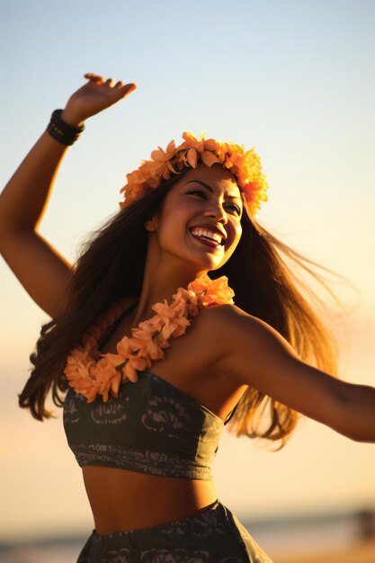 Photo hawaiian dancer in short hula skirt