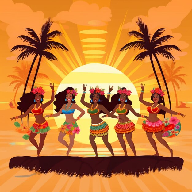 Photo hawaiian dancers dancing on a beach with palm trees and sun in the background generative ai