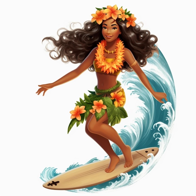 Hawaiian girl surfing on a wave with flowers in her hair generative ai