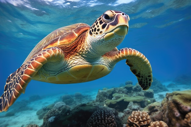 Гавайская зеленая морская черепаха Chelonia mydas Гавайская зеленая морская черепаха Chelonia mydas в Красном море Сгенерировано AI