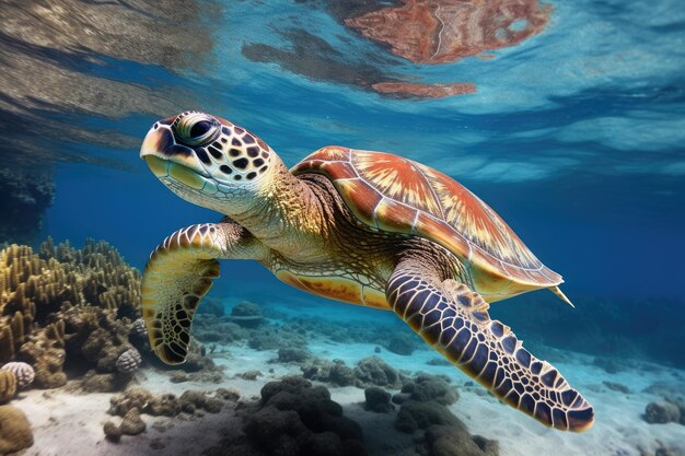 Гавайская зеленая морская черепаха Chelonia mydas в Тихом океане Гавайская зеленая морская черепаха Chelonia mydas в Красном море Сгенерировано AI
