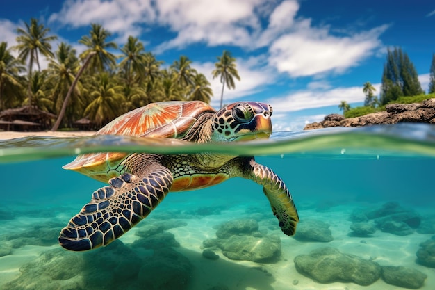 Гавайская зеленая морская черепаха плавает под водой на фоне пальм на фоне Гавайская зеленая морская черепаха Chelonia mydas в Красном море Сгенерировано AI