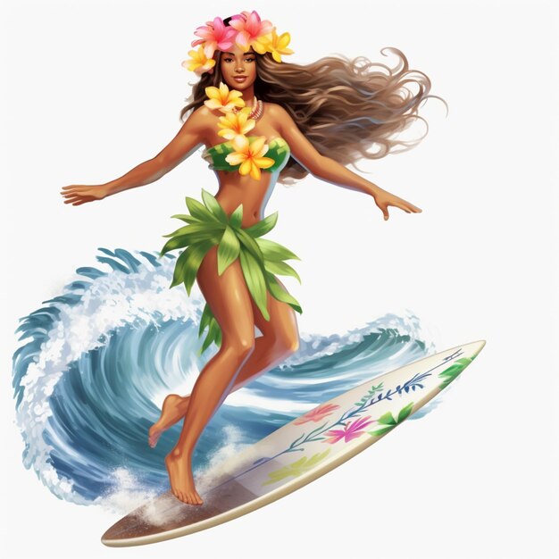 Hawaiian meisje surfen op een golf met een bloem lei lei generatieve ai