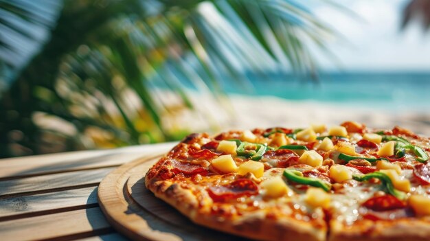 Hawaiian pizza against a tropical beach background