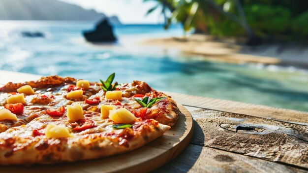 Hawaiian pizza against a tropical beach background