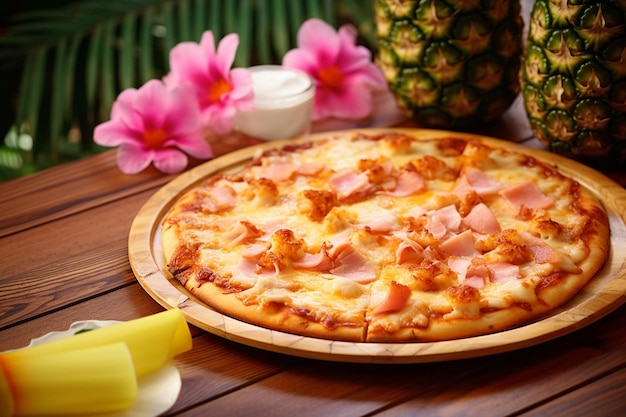 A Hawaiian pizza being served at a Hawaiianthemed baby shower