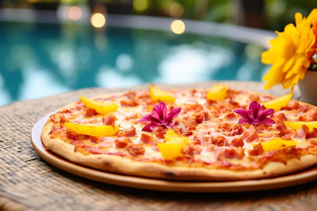 Photo a hawaiian pizza being served at a hawaiianthemed baby shower