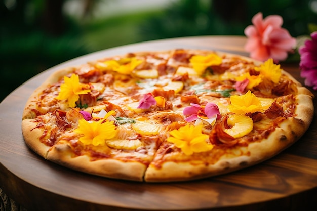 A Hawaiian pizza being served at a Hawaiianthemed baby shower