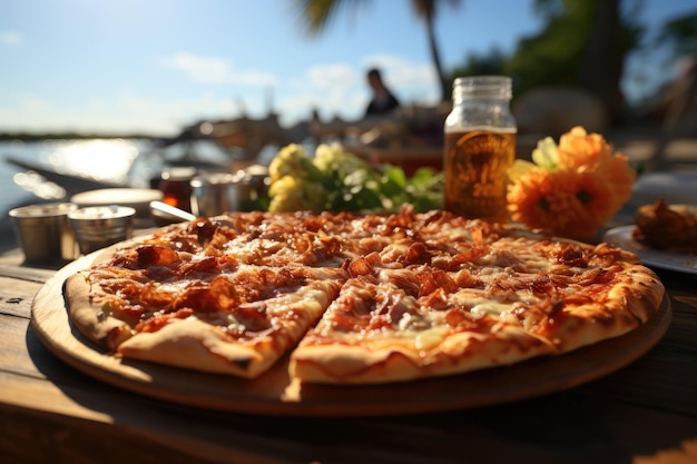 Photo a hawaiian pizza at a picnic table on the edge of a sunny beach generative ia