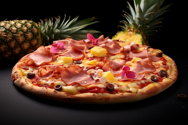 Photo hawaiian pizza with ham and pineapple side view