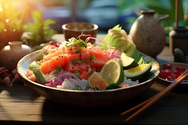 Hawaiian poke bowl presentation with fresh fish Generative ai