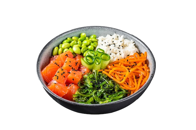 Hawaiian Poke bowl with Salmon Edamame and Rice Isolated on white background Top view